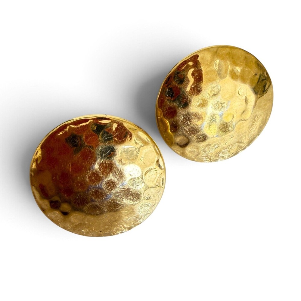 Vintage 1980s Monet Gold Tone Hammered Convex Disc Pierced Earrings